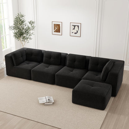 Modulares Ecksofa 4-Sitzer mit Fußhocker, Cordstoff, Schwarz