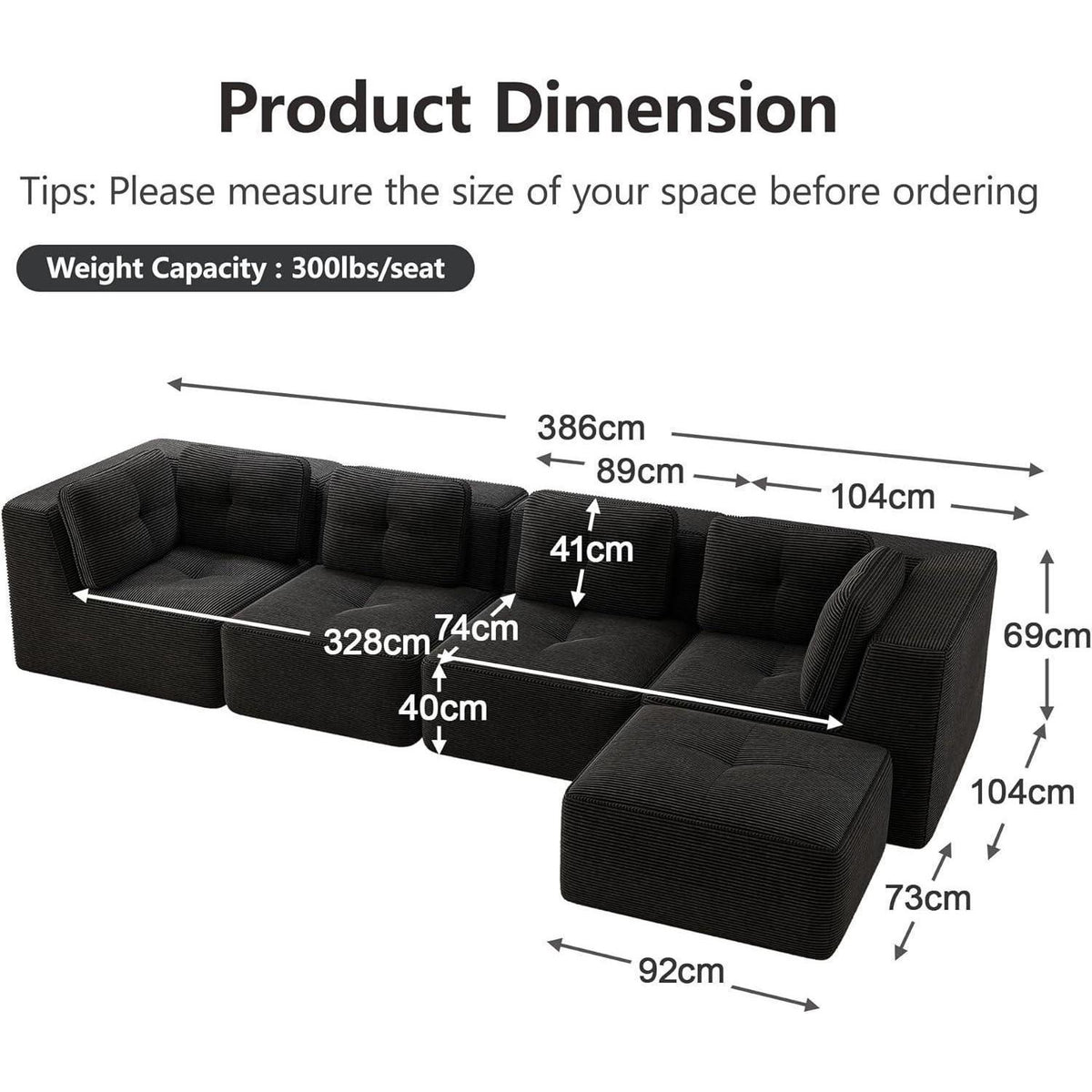 Modulares Ecksofa 4-Sitzer mit Fußhocker, Cordstoff, Schwarz