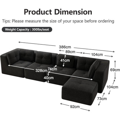 Modulares Ecksofa 4-Sitzer mit Fußhocker, Cordstoff, Schwarz