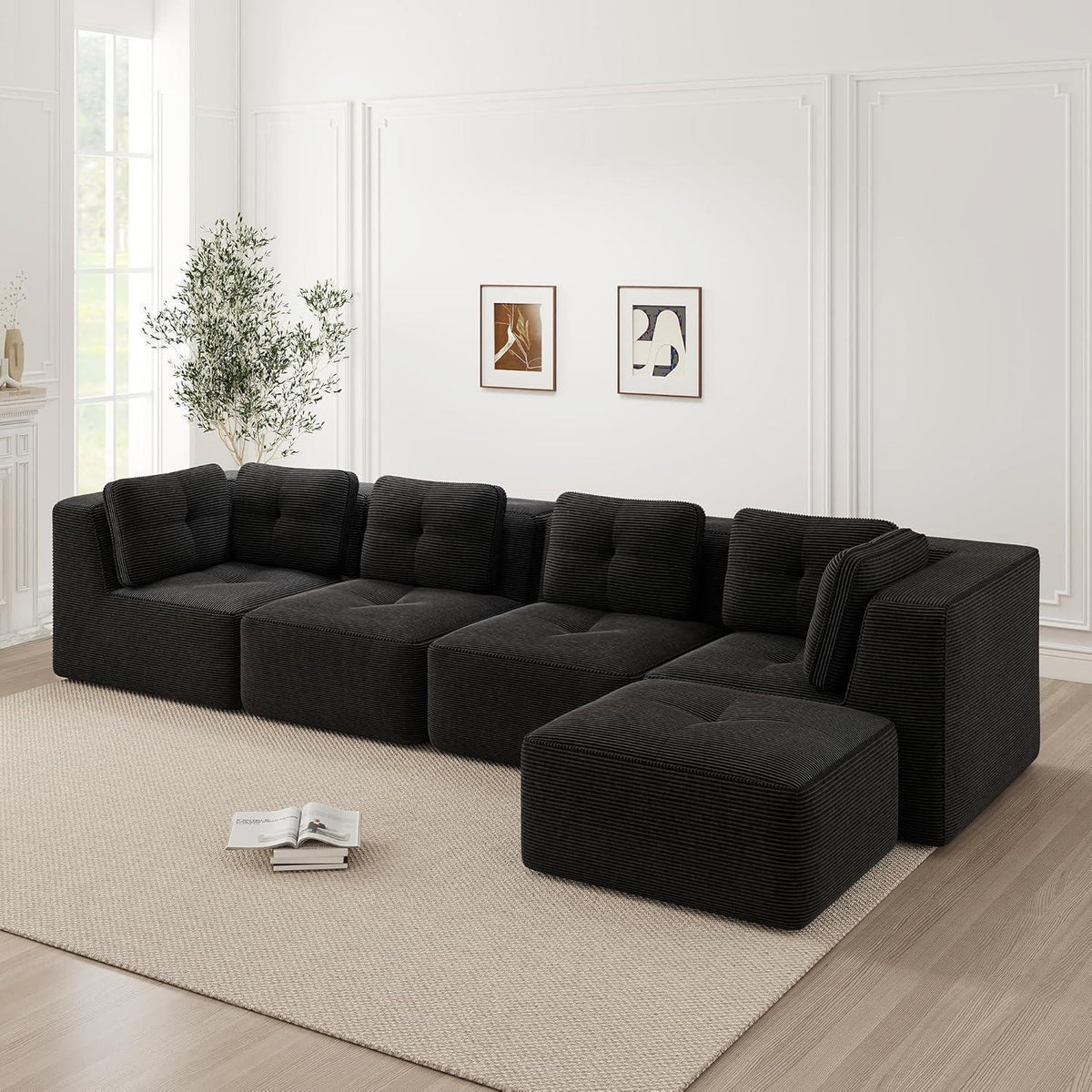 Modulares Ecksofa 4-Sitzer mit Fußhocker, Cordstoff, Schwarz