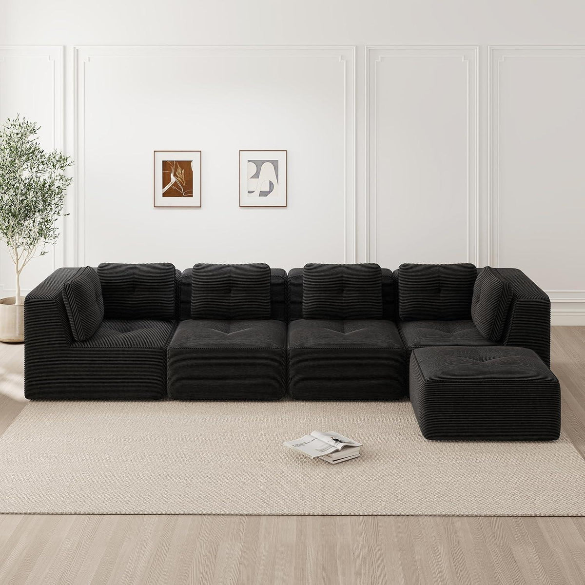 Modulares Ecksofa 4-Sitzer mit Fußhocker, Cordstoff, Schwarz