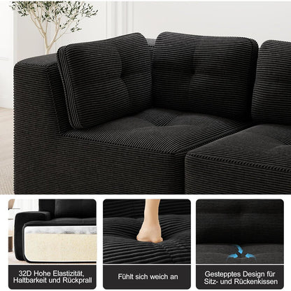 Modulares Ecksofa 4-Sitzer mit Fußhocker, Cordstoff, Schwarz