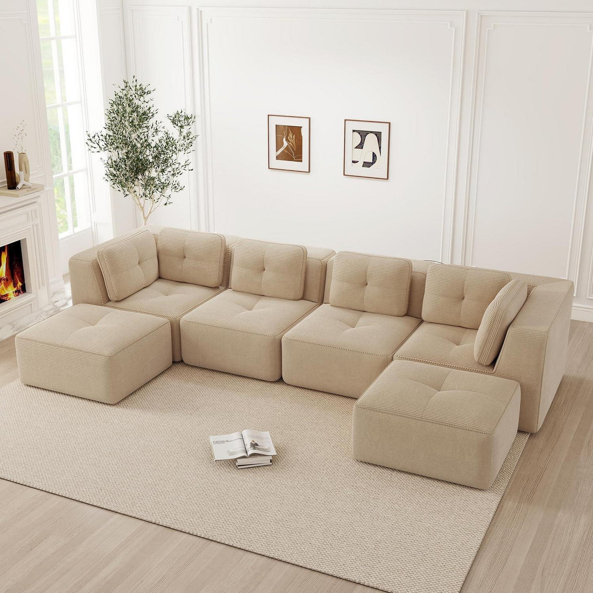 Modulares Ecksofa 4-Sitzer Beige, Cordstoff, U-Form, Ohne Montage