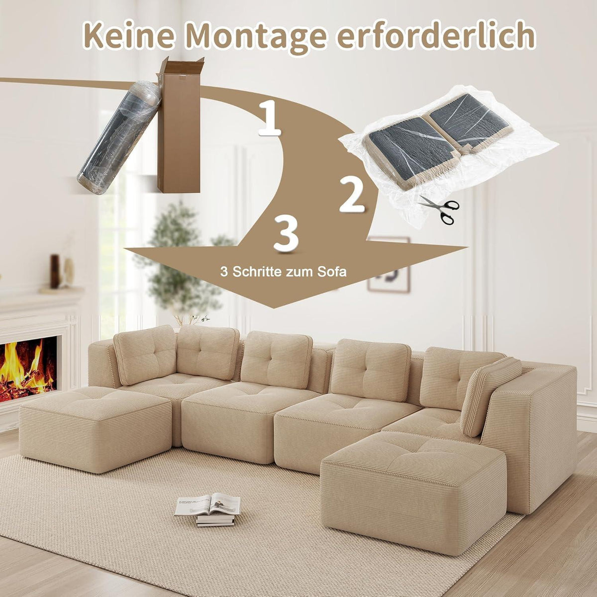 Modulares Ecksofa 4-Sitzer Beige, Cordstoff, U-Form, Ohne Montage