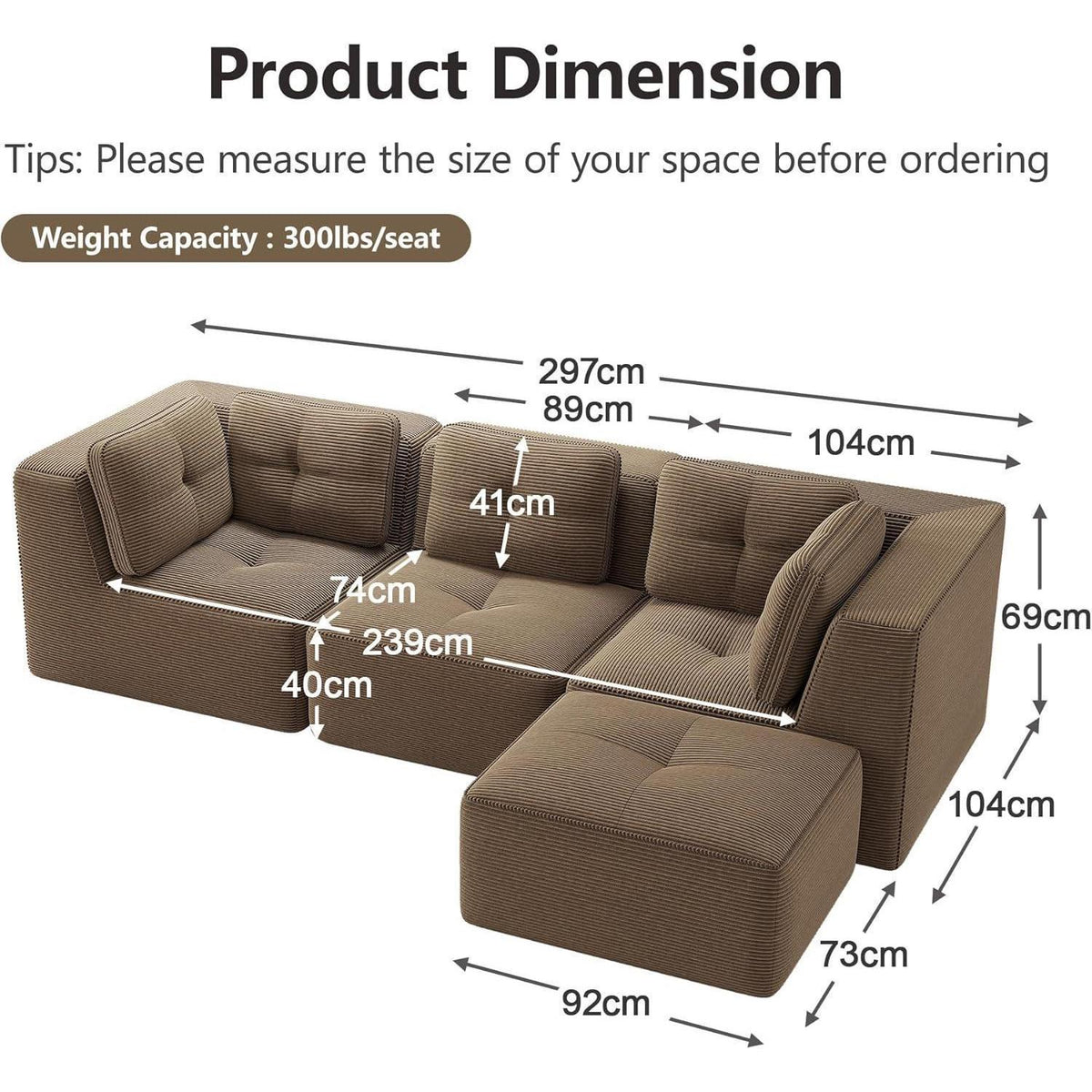 Modulares Ecksofa 3-Sitzer mit Fußhocker, Braun