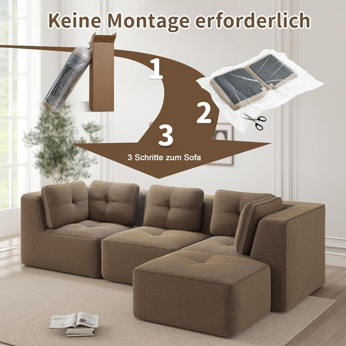 Modulares Ecksofa 3-Sitzer mit Fußhocker, Braun