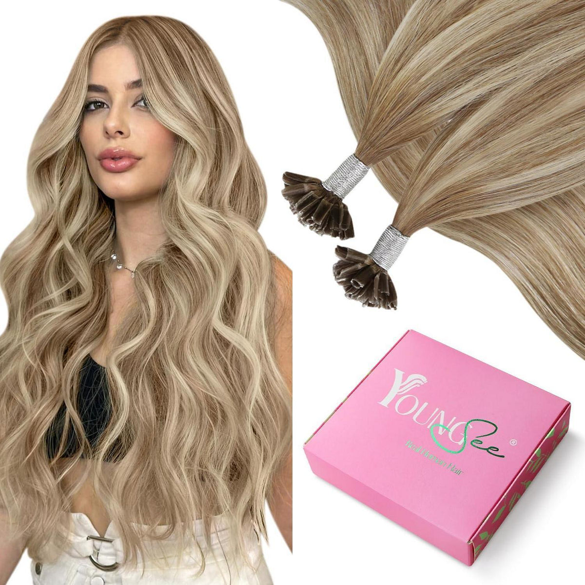 Echthaar Bonding Extensions Hellbraun Ombre Platinblond 50cm