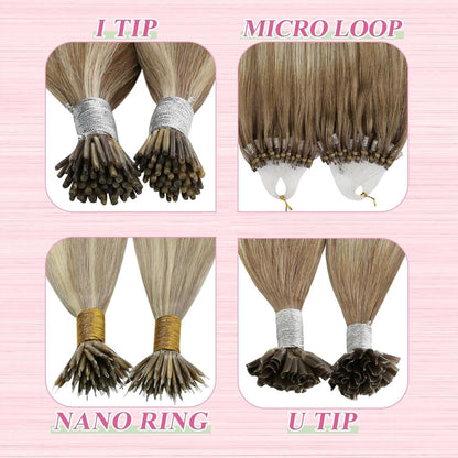 Echthaar Bonding Extensions Hellbraun Ombre Platinblond 50cm