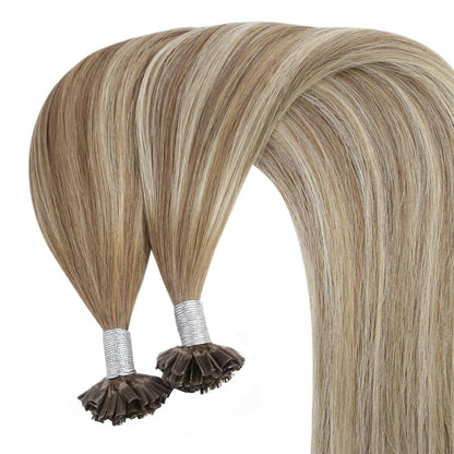 Echthaar Bonding Extensions Hellbraun Ombre Platinblond 50cm