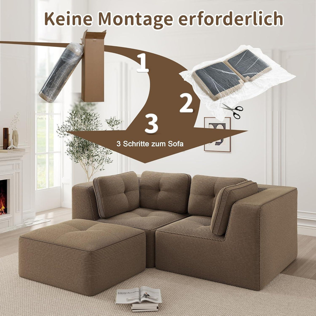 Modulares Ecksofa Braun, 2-Sitzer + Fußhocker, Cordstoff, Ohne Montage