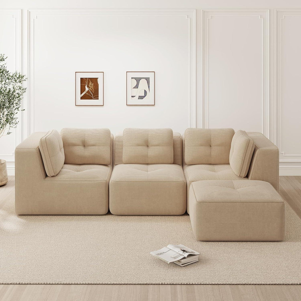 Modulares Ecksofa 3-Sitzer mit Fußhocker, Beige Cordstoff