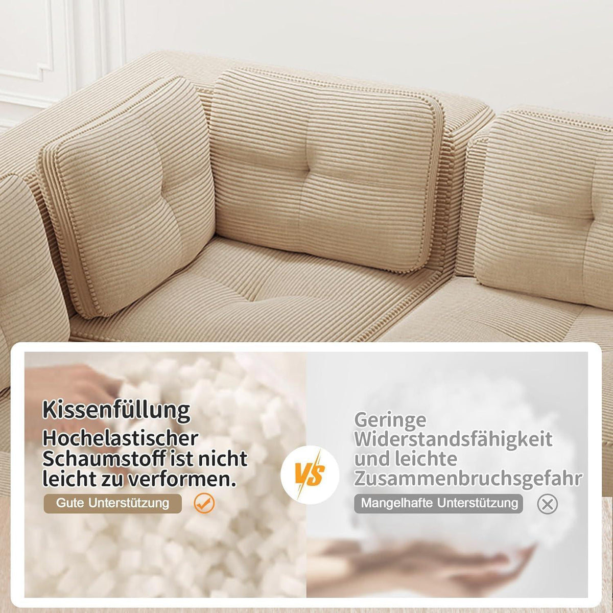 Modulares Ecksofa 3-Sitzer mit Fußhocker, Beige Cordstoff