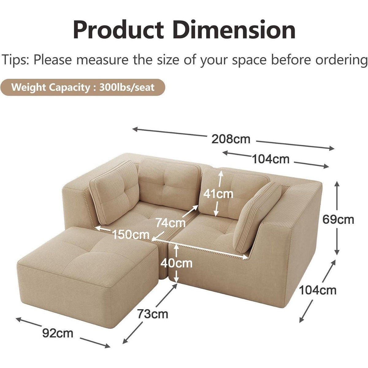 Modulares Cord-Ecksofa mit Fußhocker – Beige
