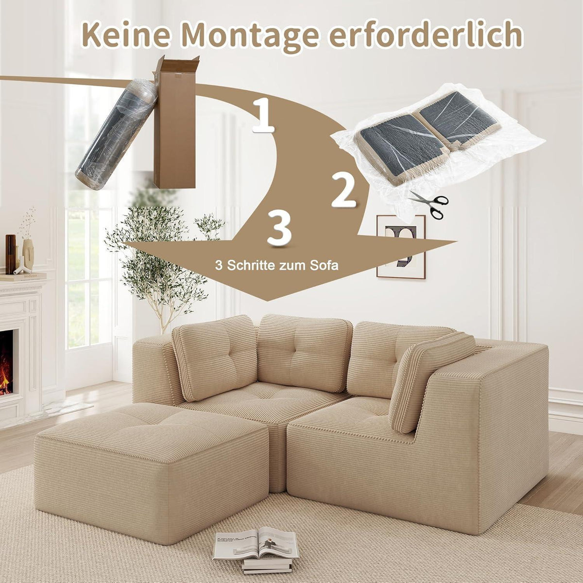 Modulares Cord-Ecksofa mit Fußhocker – Beige