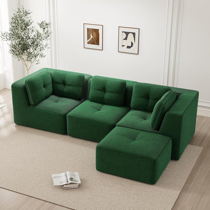 Modulares Ecksofa Grün 3-Sitzer mit Fußhocker – Cordstoff, Ohne Montage