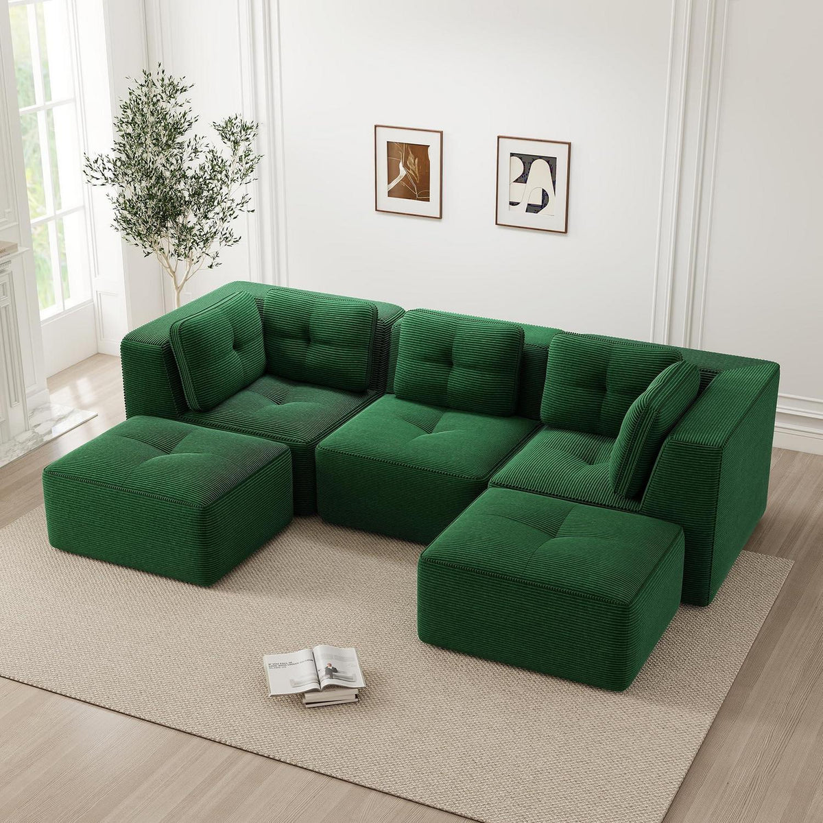 Modulares Ecksofa Grün 3-Sitzer mit Fußhocker & Cordstoff