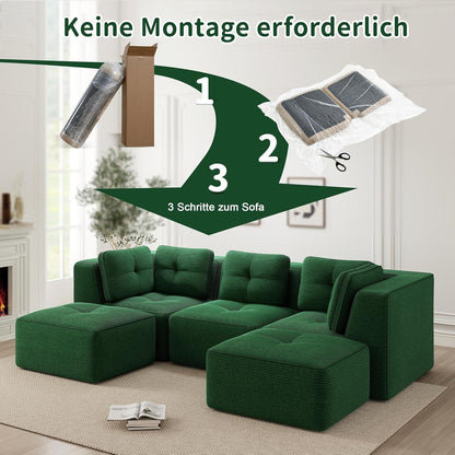 Modulares Ecksofa Grün 3-Sitzer mit Fußhocker & Cordstoff