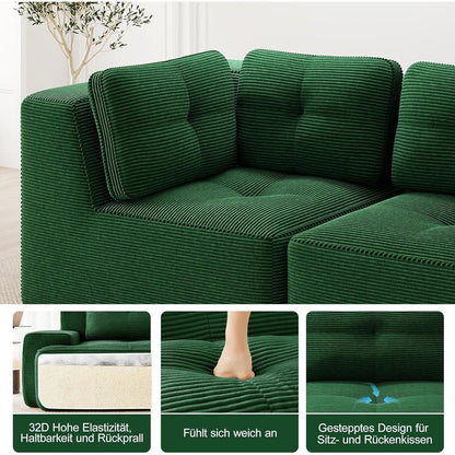 Modulares Ecksofa Grün 3-Sitzer mit Fußhocker & Cordstoff