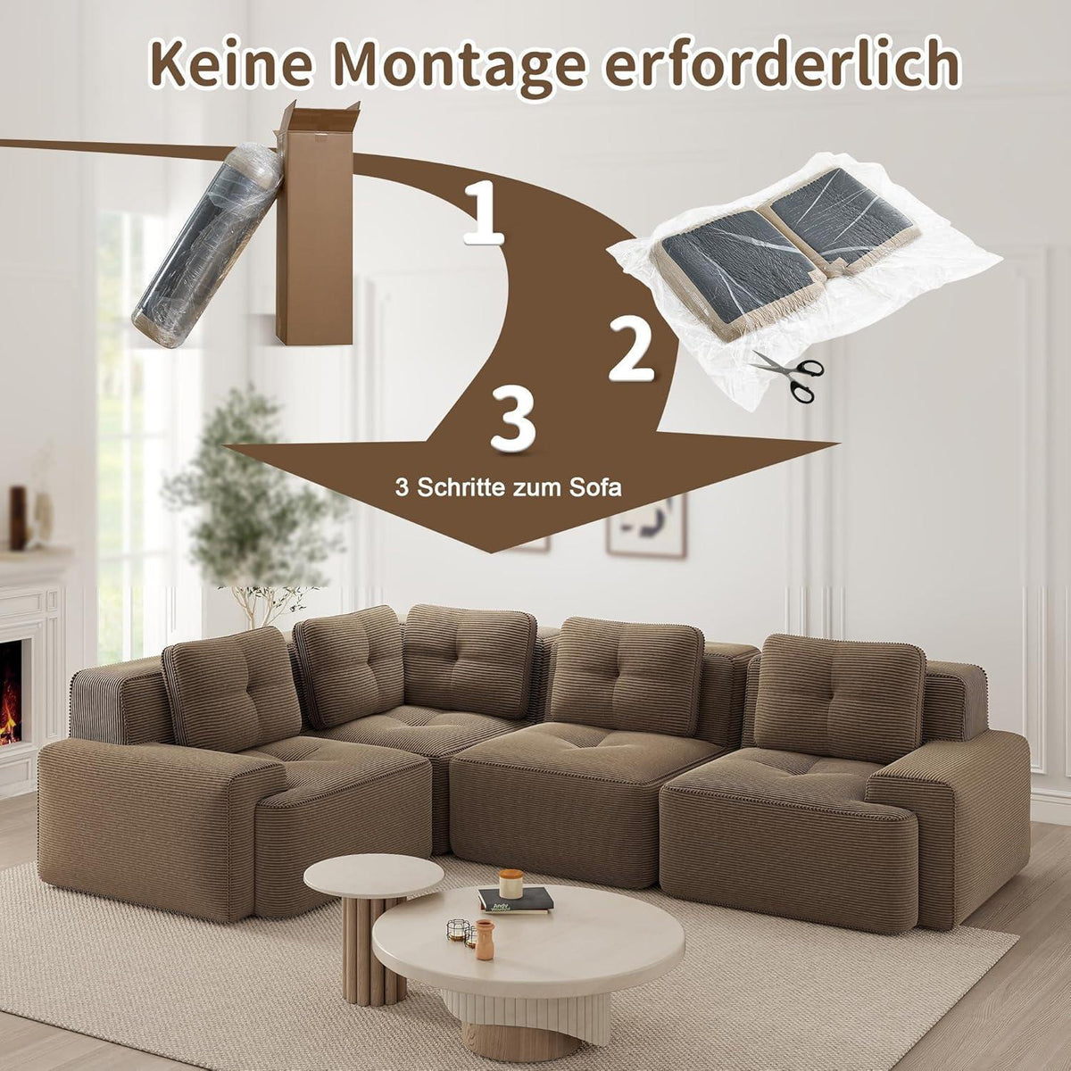 Modulares Ecksofa Braun 177x382 cm – Boneless Cordstoff Couch