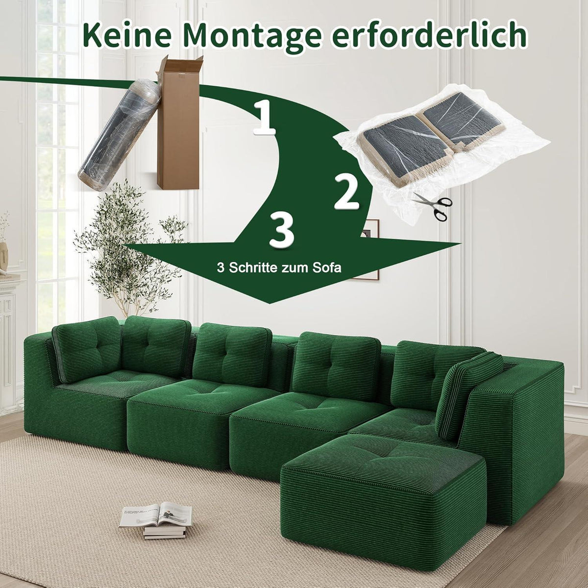 Modulares Ecksofa 4-Sitzer Grün mit Fußhocker & Cordstoff