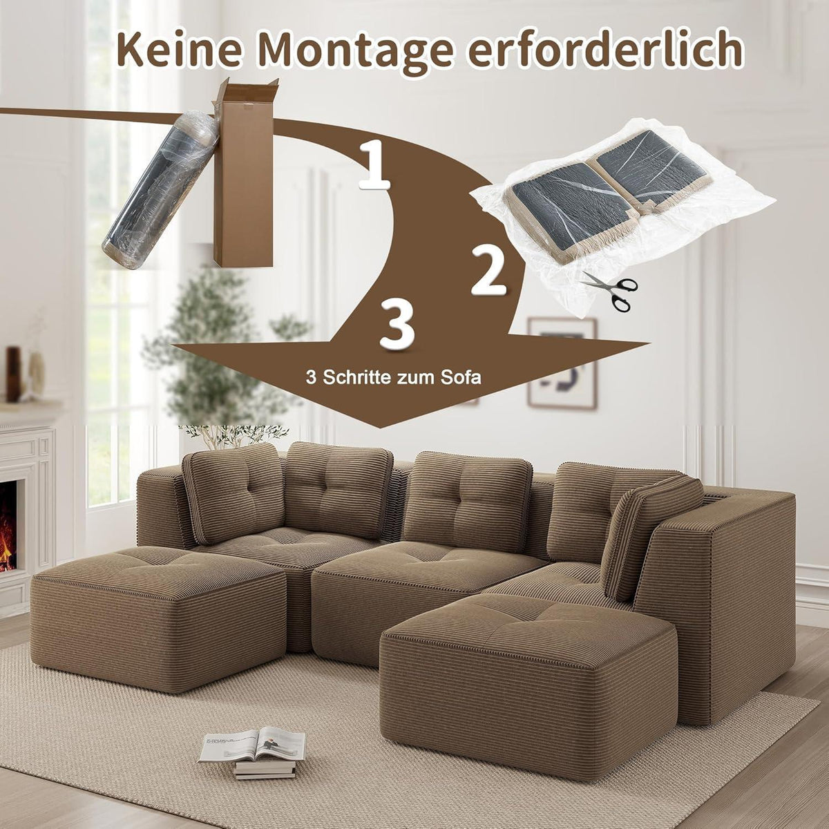 Modulares Ecksofa 3-Sitzer mit Fußhocker, Braun