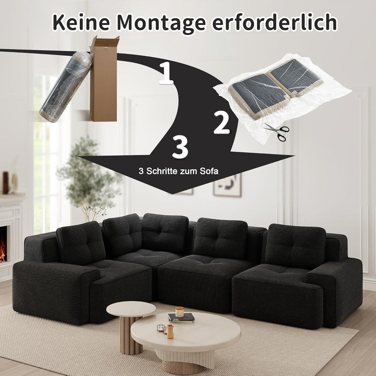 Modulares Ecksofa Schwarz 177x382 cm – Boneless Cordstoff Couch