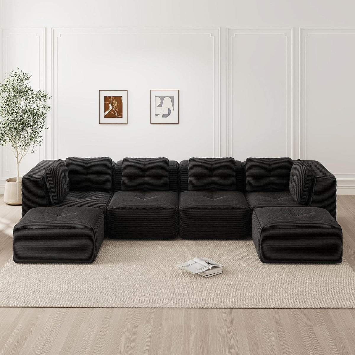 Modulares Ecksofa 4-Sitzer mit Fußhocker, Cordstoff Schwarz