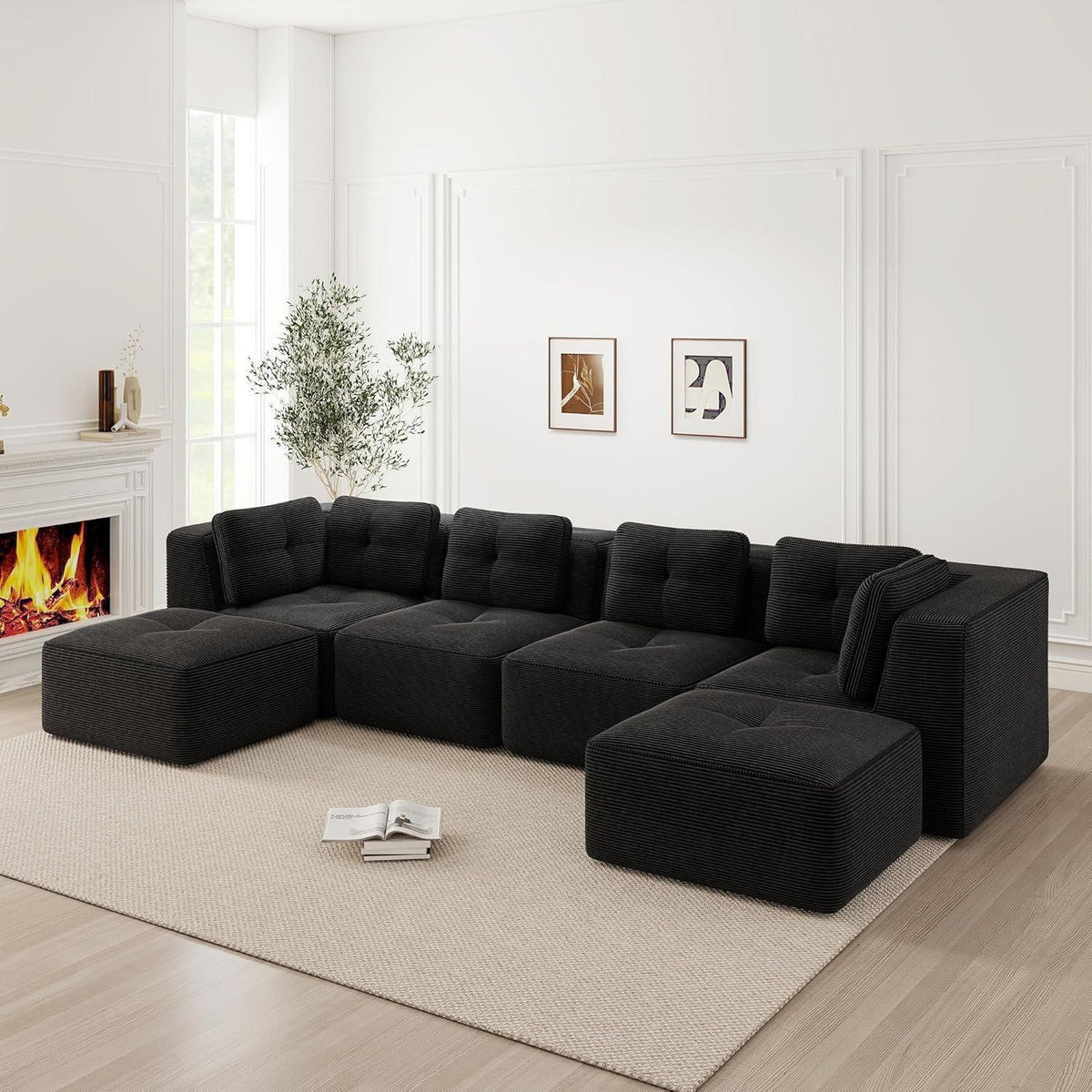 Modulares Ecksofa 4-Sitzer mit Fußhocker, Cordstoff Schwarz