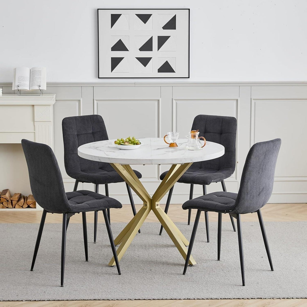 Moderner Esstisch Set mit 4 Samtstühlen – Rund 100cm