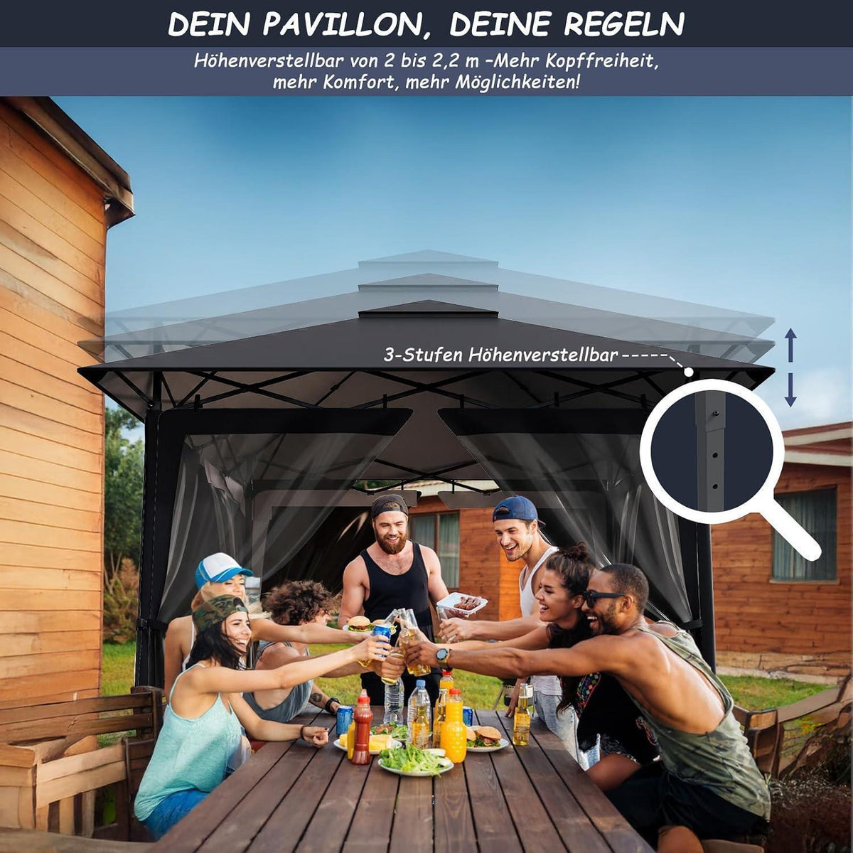 Gartenpavillon 3x3m mit Moskitonetzen & UV-Schutz