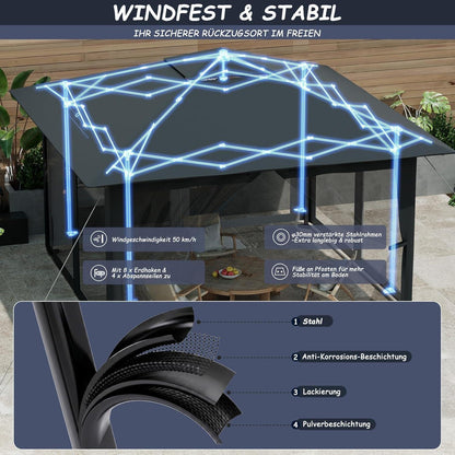 Gartenpavillon 3x3m mit Moskitonetzen & UV-Schutz