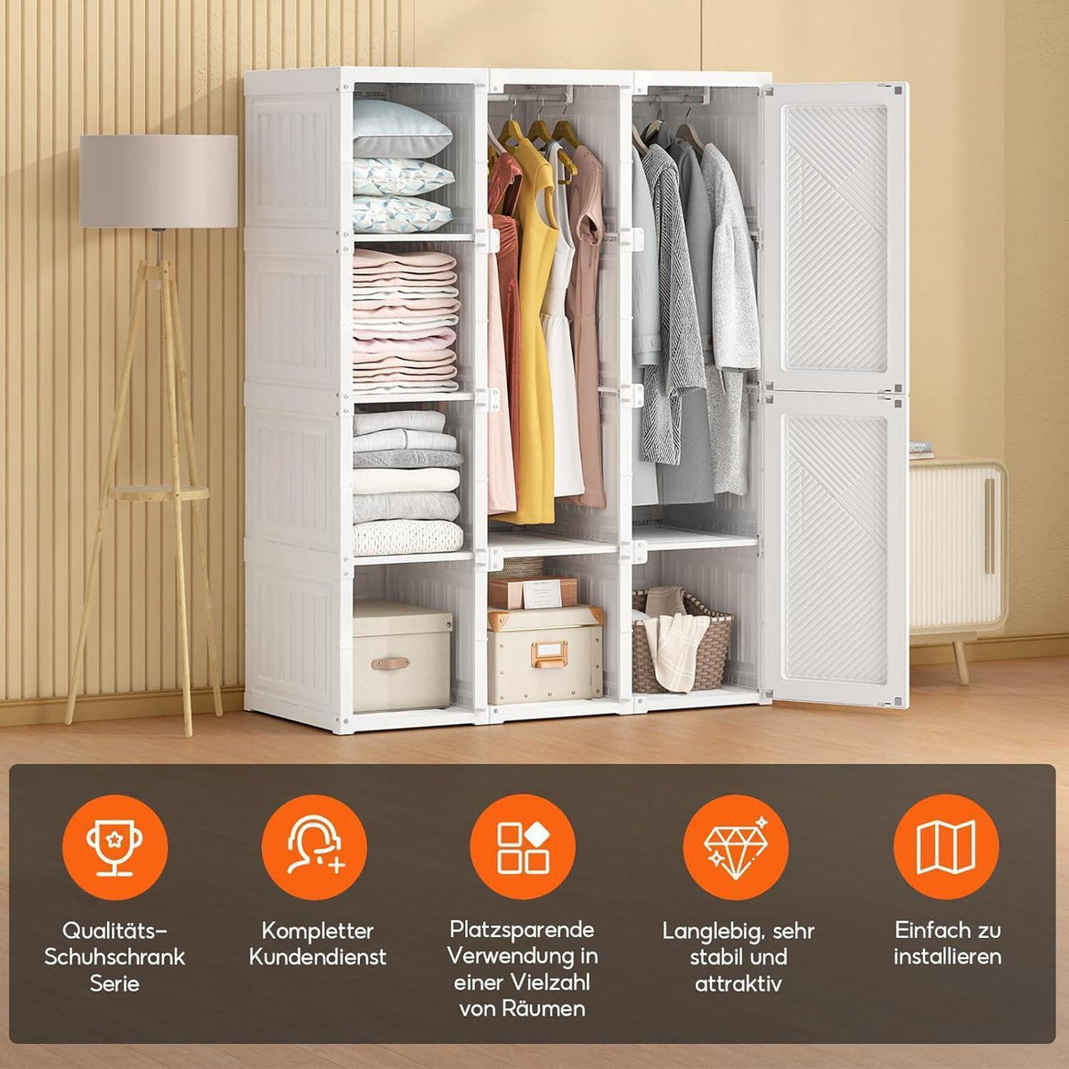 Zusammenklappbarer Kleiderschrank mit Kleiderstange & Magnettüren