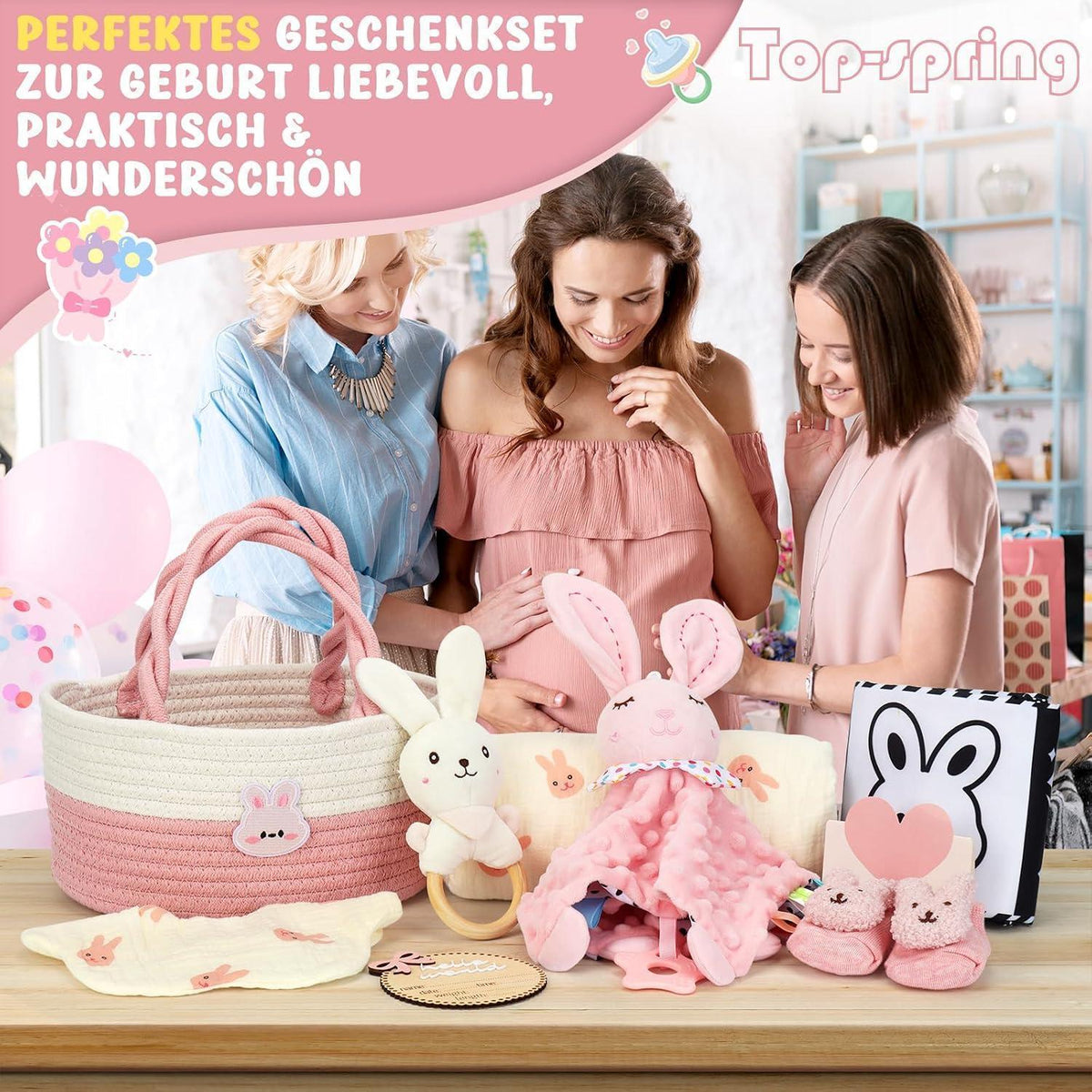 Baby Geschenkkorb Mädchen mit Hasen – Geschenkset zur Geburt