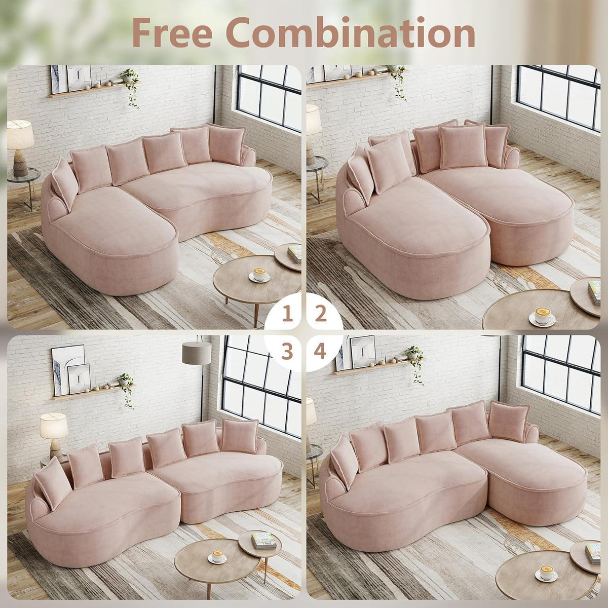 Modulares Chenille-Sofa 2-Sitzer mit Chaiselongue – Rosa