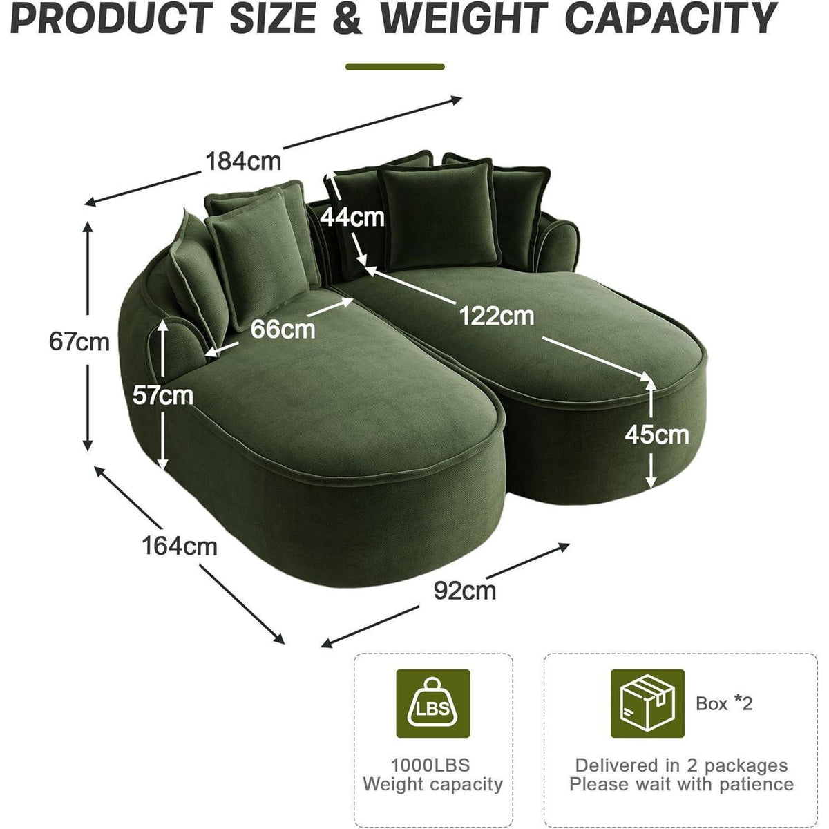 Modulares Chenille-Sofa 2-Sitzer mit Chaiselongue – Grün