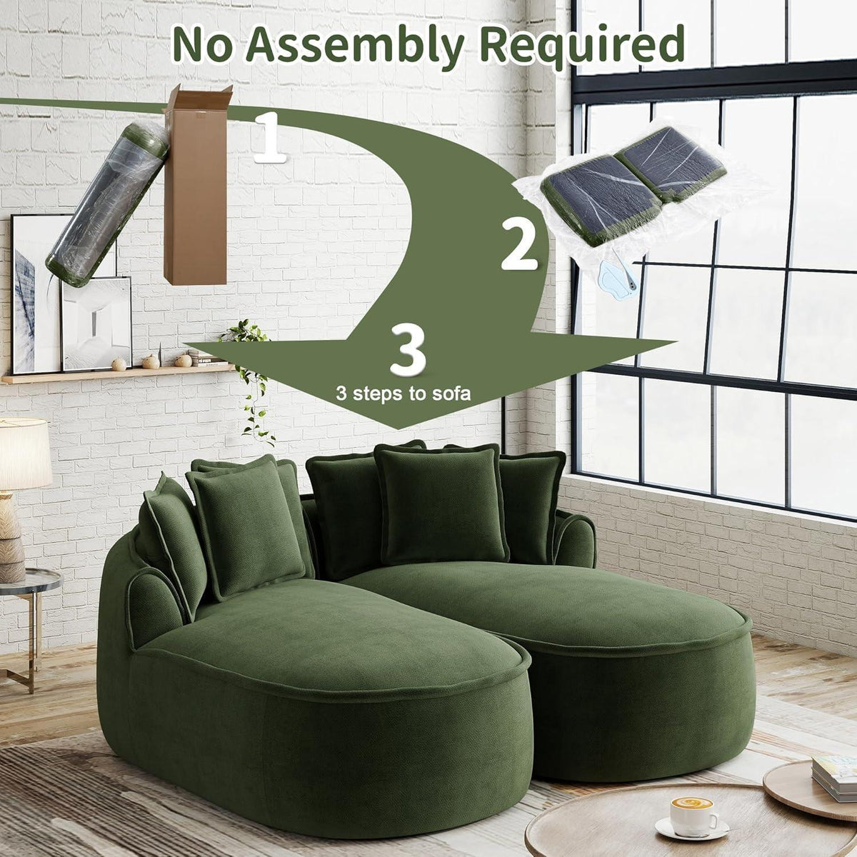 Modulares Chenille-Sofa 2-Sitzer mit Chaiselongue – Grün