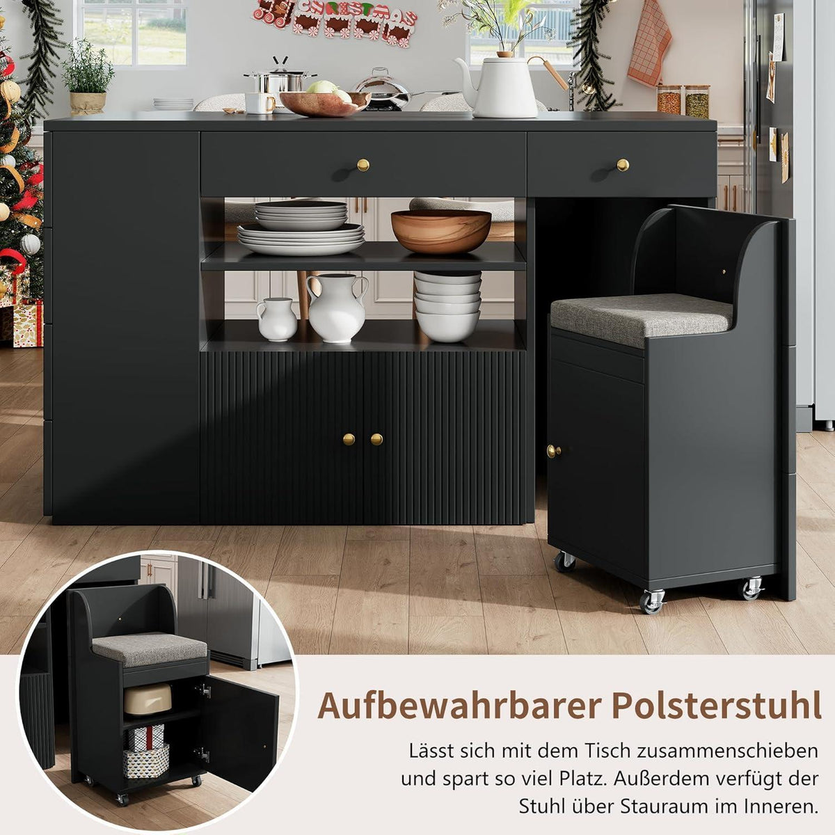 Mobile Kücheninsel Schwarz mit Stauraum & Hockern