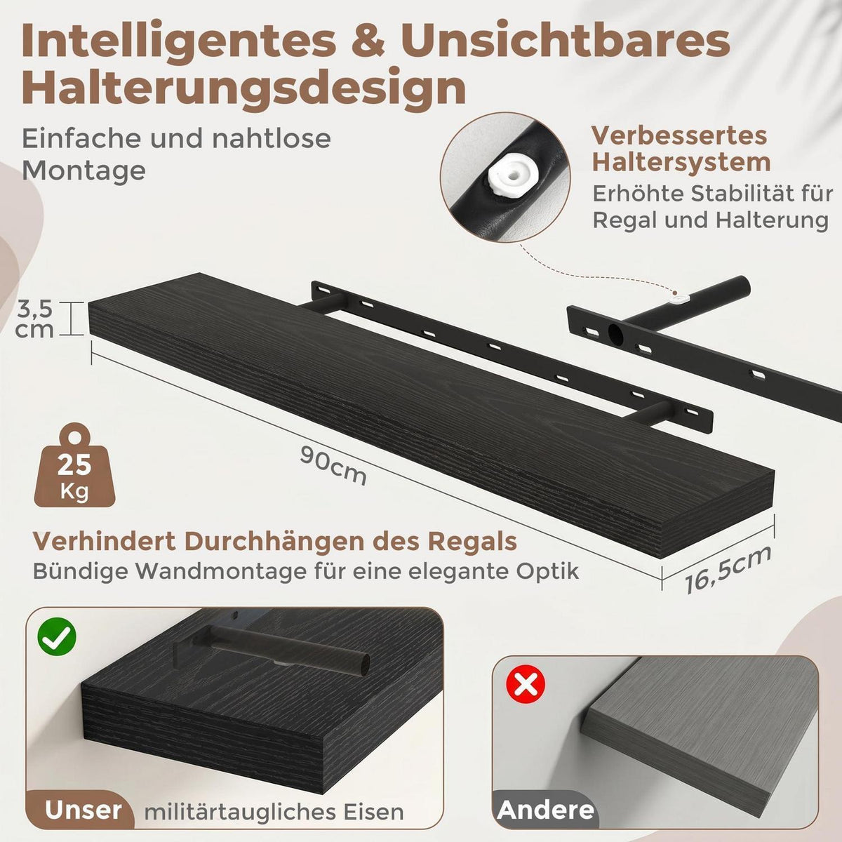 Schweberegale 90cm Schwarz im 2er Set mit rustikaler Holzmaserung