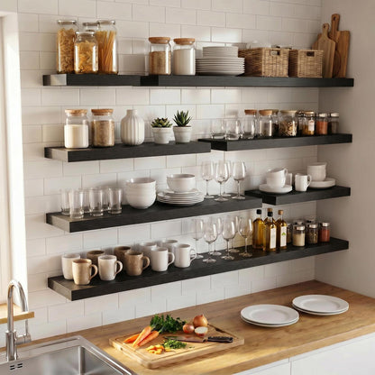 Schweberegale 90cm Schwarz im 2er Set mit rustikaler Holzmaserung