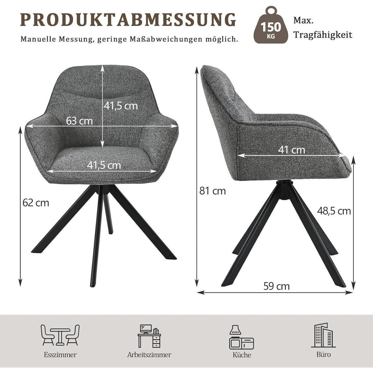 Drehbarer Esszimmerstuhl Set 6x Grau, Chenille Polsterstuhl mit Armlehnen