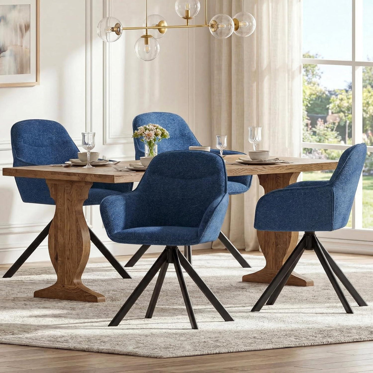 Drehbarer Esszimmerstuhl Set 4er – Dunkelblau, Chenille
