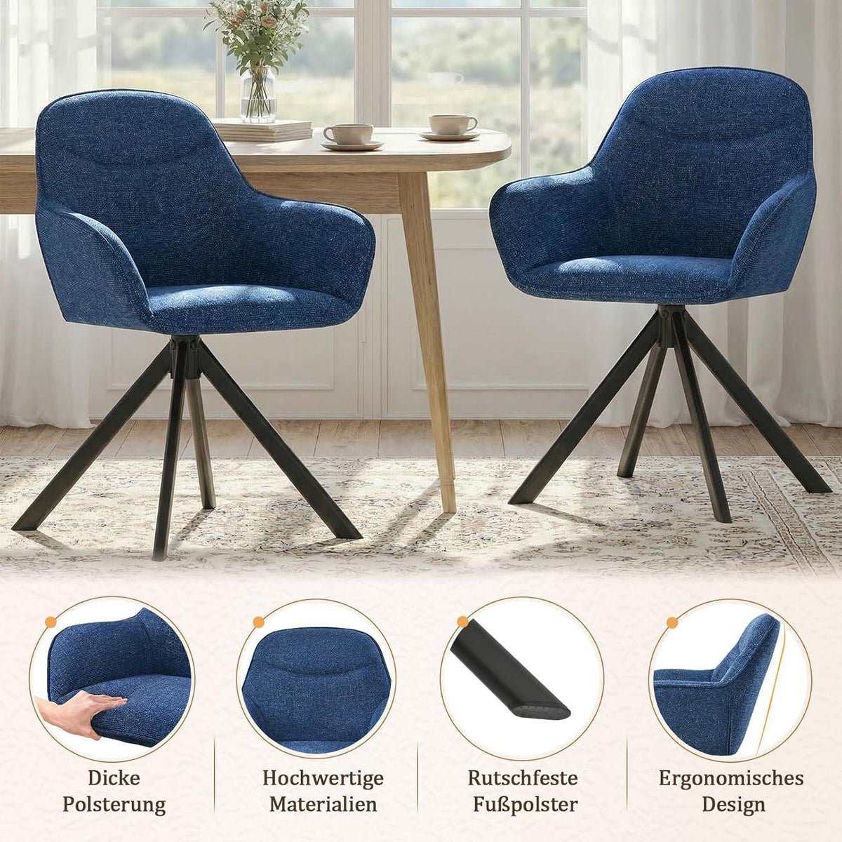 Drehbarer Esszimmerstuhl Set 4er – Dunkelblau, Chenille