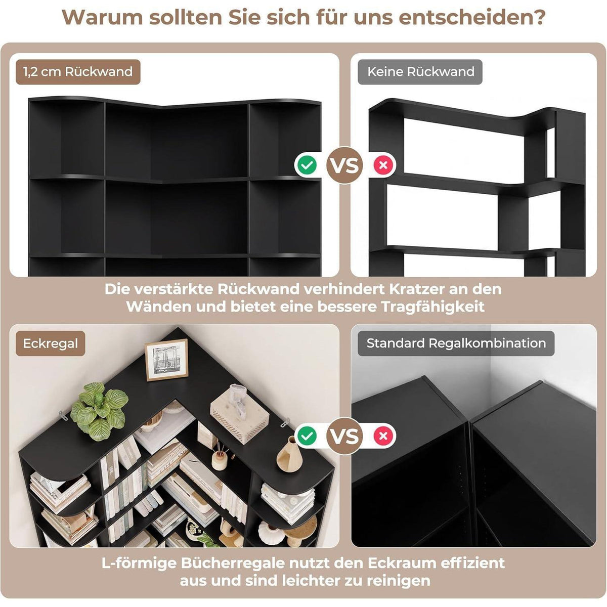 Eckregal L-Form Bücherregal 185 cm mit 6 Ebenen Schwarz