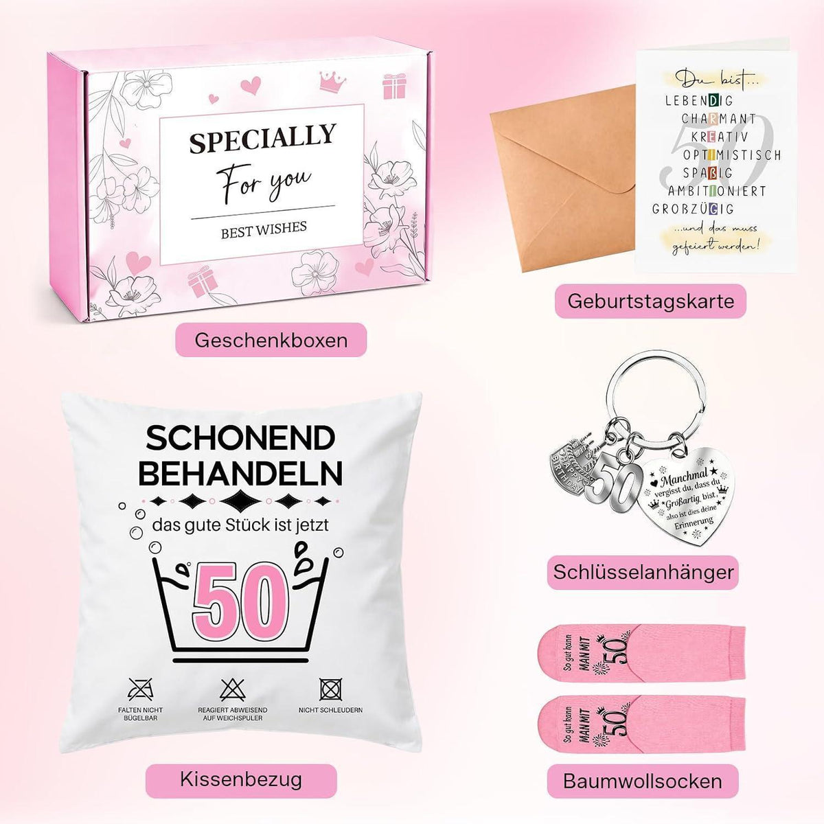 50. Geburtstag Geschenkset für Frau – Kissen, Socken, Schlüsselanhänger & Karte