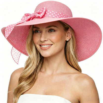 Damen Strohhut mit Breiter Krempe, Pink Ribbon, Faltbar