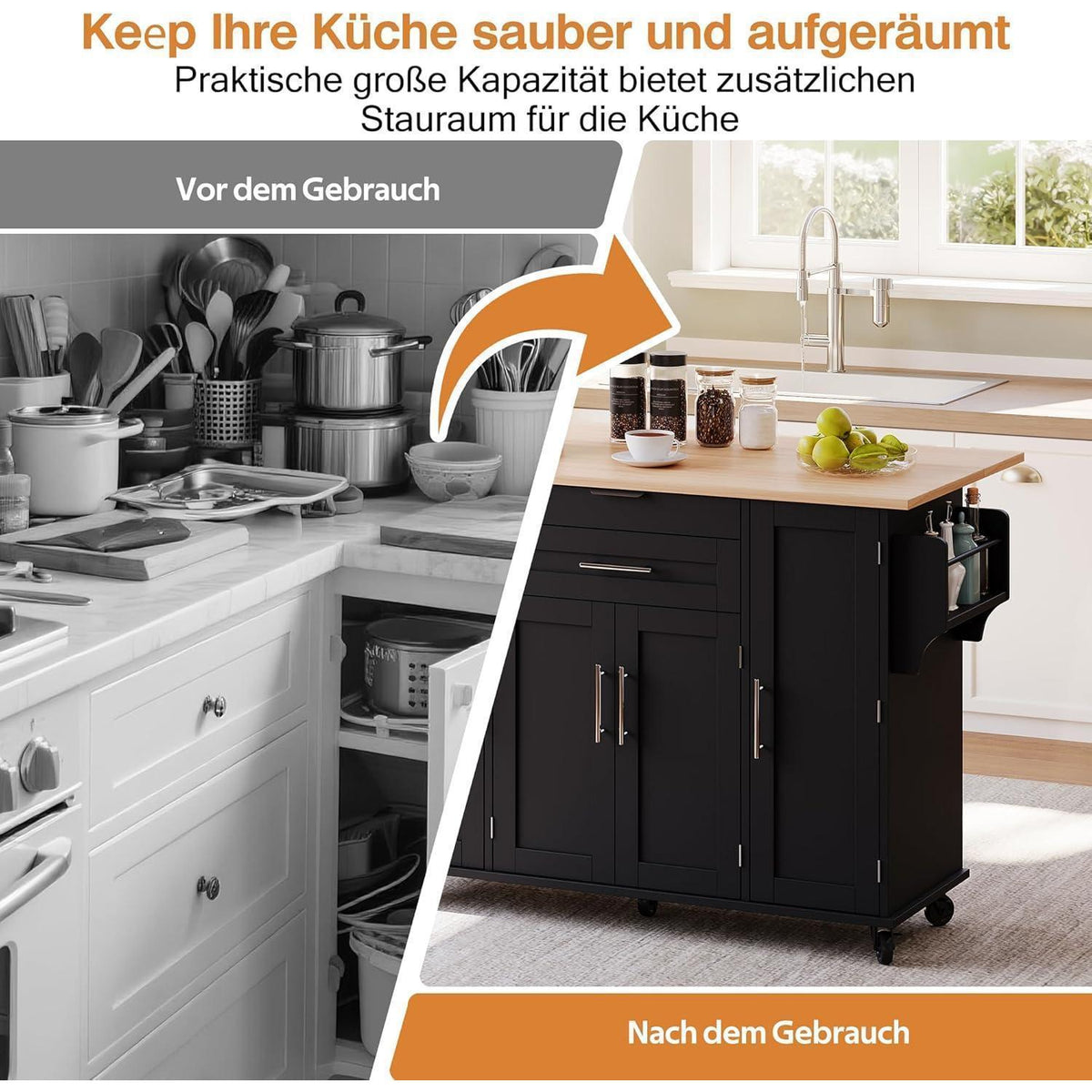 Mobile Kücheninsel mit ausziehbarer Arbeitsplatte Schwarz