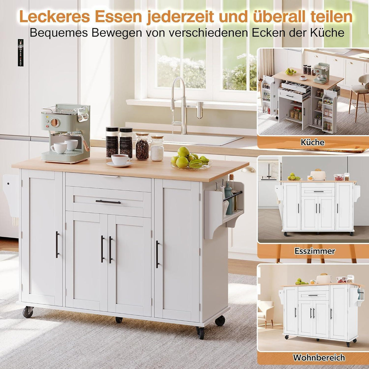 Mobile Kücheninsel mit ausziehbarer Arbeitsplatte Weiß