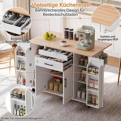 Mobile Kücheninsel mit ausziehbarer Arbeitsplatte Weiß