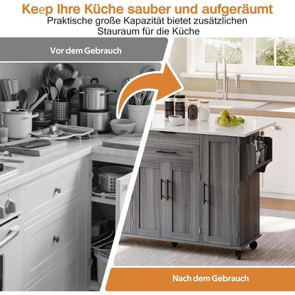 Mobile Kücheninsel mit ausziehbarer Arbeitsplatte (Grau)