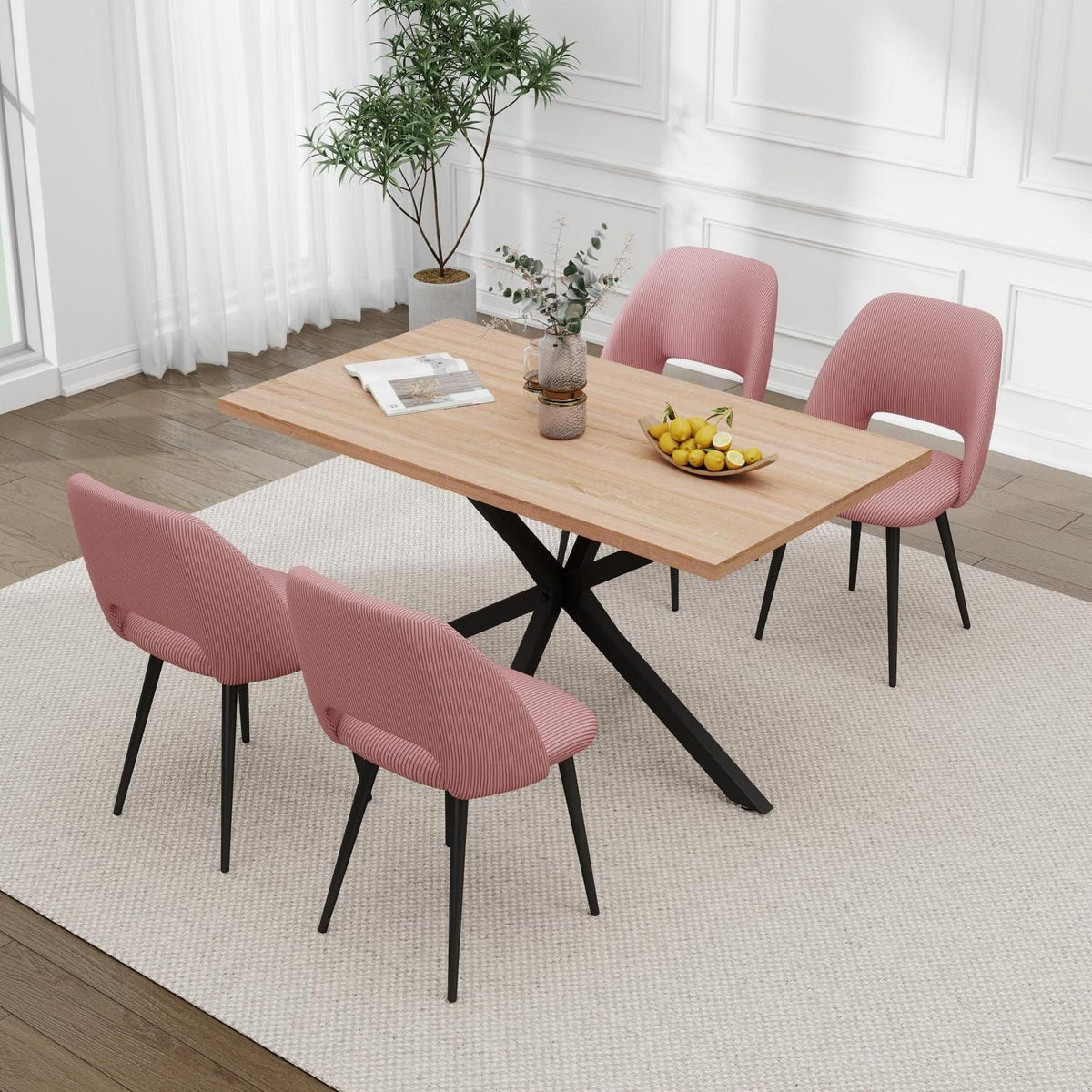 Moderner Esstisch Set mit 4 Cord-Stühlen (Rosa)